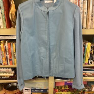 JH Collectibles Light Blue Leather Knit Jacket Full Zip Size XL Teal Petite EUC